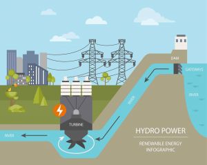 A graphic that explains how hydroelectricity works 
