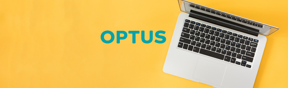 Laptop against yellow background with Optus logo