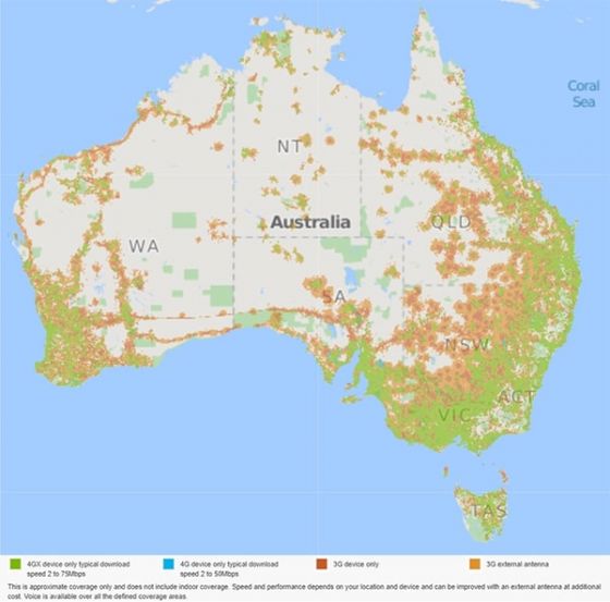 Telstra network coverage map of Australia
