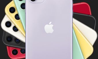 iPhone 11 phones in six colours on dark background