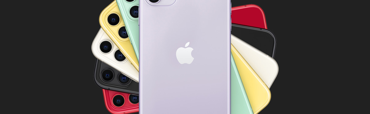 iPhone 11 phones in six colours on dark background