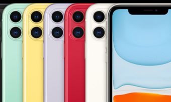 iPhone 11 in six colours on black background