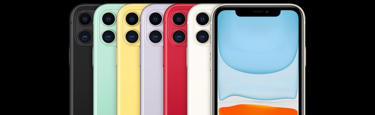 iPhone 11 in six colours on black background