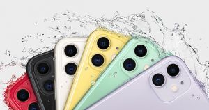 iPhone 11 in six colours with water splash