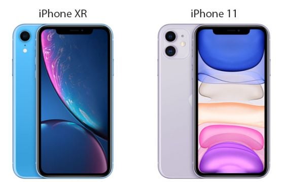 iPhone XR in blue and iPhone 11 in purple