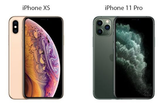 iPhone XS in gold and iPhone 11 Pro in midnight green