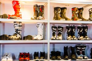 Motorcycle riding boots on display 