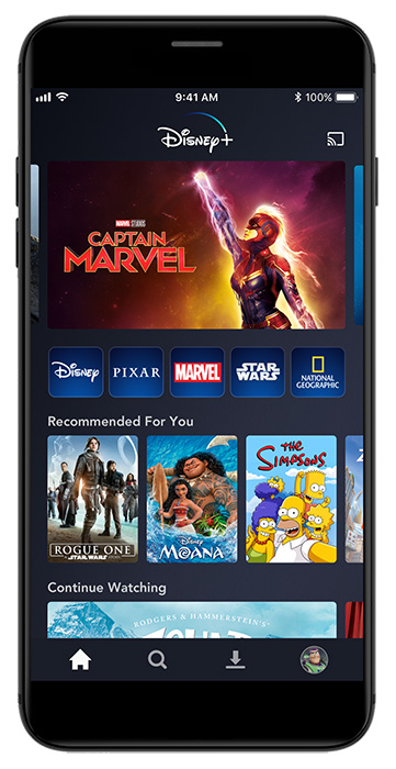 Disney+ app home interface on mobile phone