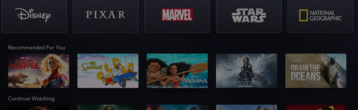 Home page for Disney Plus streaming service