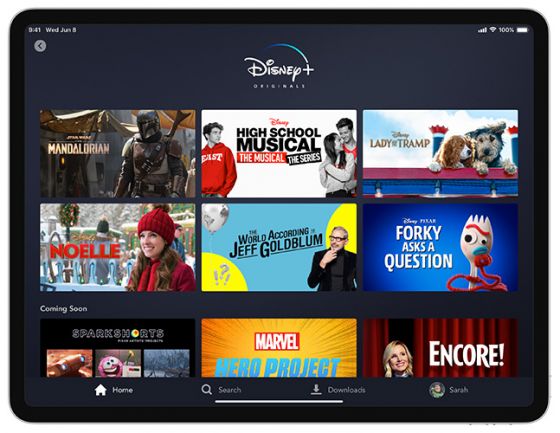 Disney Plus originals on home screen on tablet device app