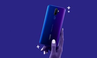 OPPO A5 2020 in purple against purple background