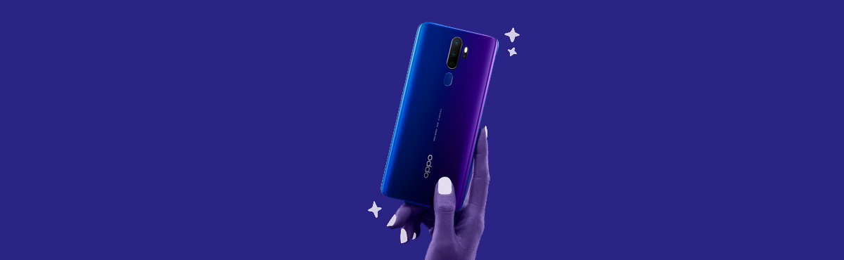 OPPO A5 2020 in purple against purple background