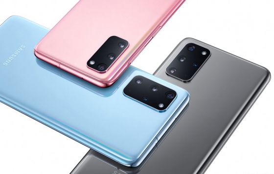 Samsung S20 phones in pink, blue and grey