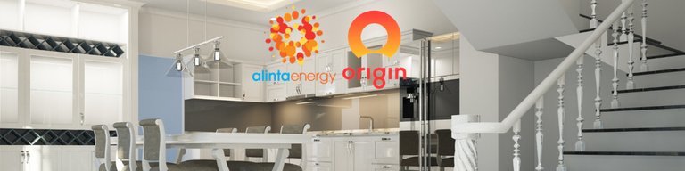 Kitchen with lights and Alinta and Origin logos