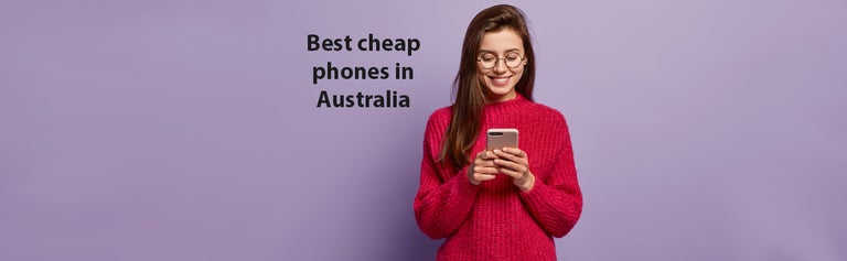 Best budget phone article image with woman looking at smartphone against purple background with text saying best cheap phones in Australia