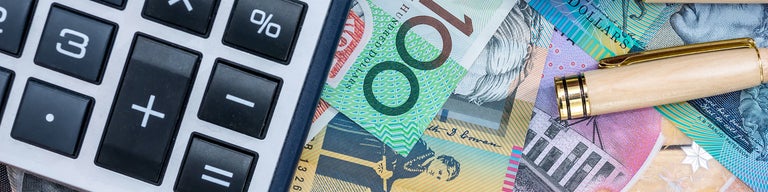 Calculator with Australian money and pen