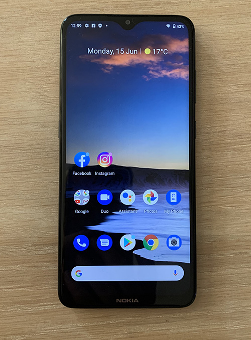 Front of Nokia 5.3 showing phone display