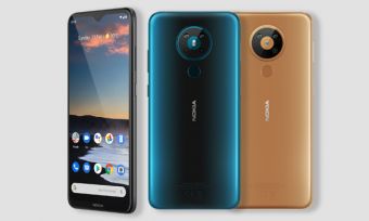 Nokia 5.3 phone in three colours against light background