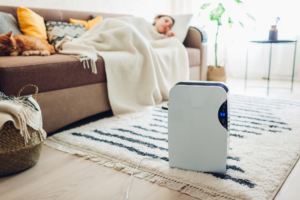 Woman laying on couch with dehumidifier running