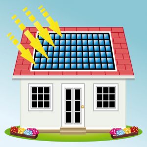 Graphic of house with solar panels and arrows