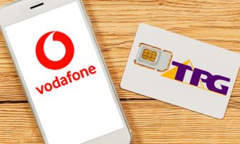 Phone with Vodafone logo and SIM card with TPG logo