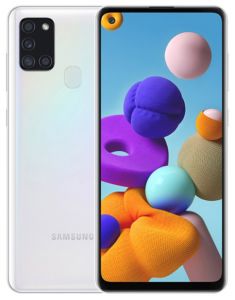 Front and back of Samsung Galaxy A21s in white
