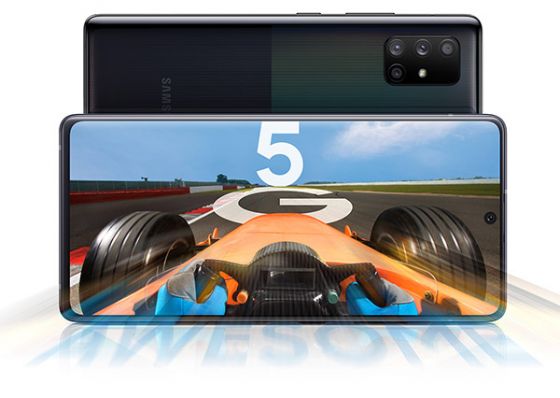 Styled shot of Samsung Galaxy A71 5G phone in black with racing game on screen