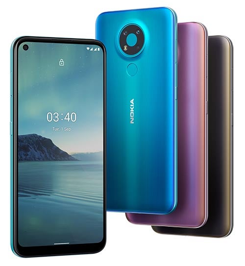 Nokia 3.4 phone in three colourways