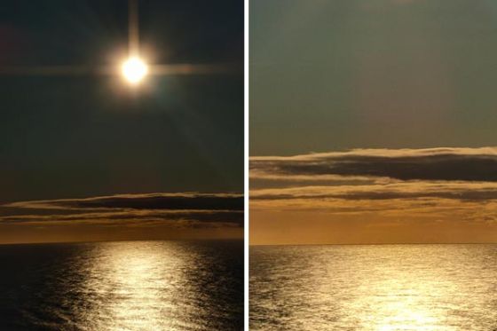 Photos of sun over the ocean zoomed in