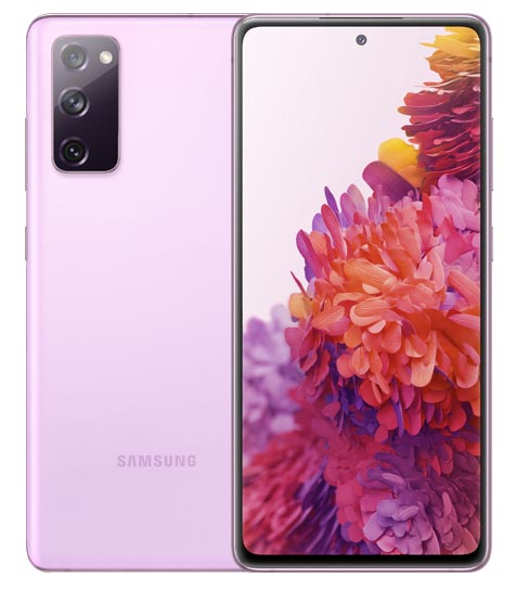 Front and back of Samsung Galaxy S20 FE in lavender colourway