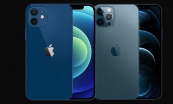 Blue versions of iPhone 12 and iPhone 12 Pro smartphones against black background