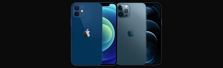 Blue versions of iPhone 12 and iPhone 12 Pro smartphones against black background