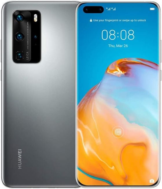 The back and front of a Huawei P40 Pro in a Silver Frost finish
