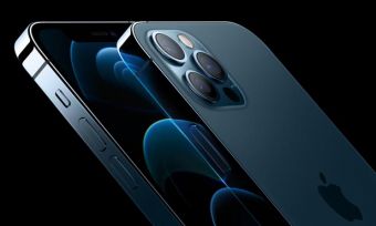 Front and back of iPhone 12 Pro in blue colourway against black background