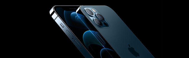 Front and back of iPhone 12 Pro in blue colourway against black background