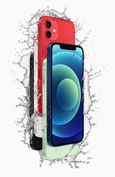 iPhone 12 phones in five colours with water splashes
