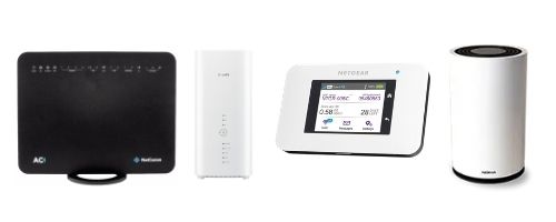 Home wireless broadband models on offer from SpinTel. From left to right: The NetComm NL1901ACV, Huawei B818, Netgear AC800S and Nokia FastMile