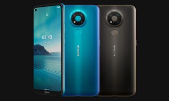 Nokia 3.4 phones in blue and grey colours against black background
