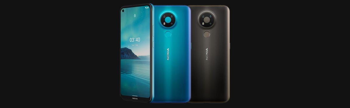 Nokia 3.4 phones in blue and grey colours against black background