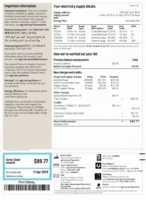 AGL bill back page