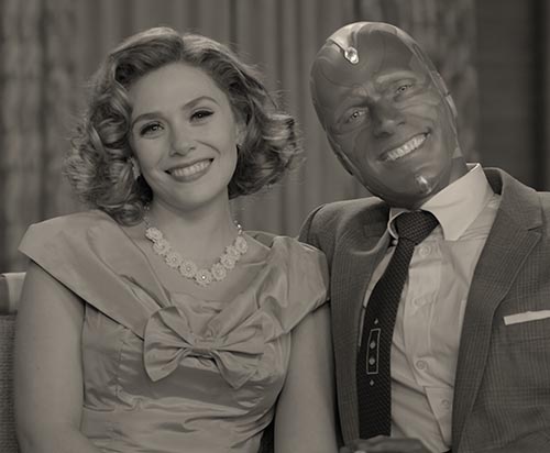 Still from WandaVision Disney+ show of Wanda and Vision in black and white