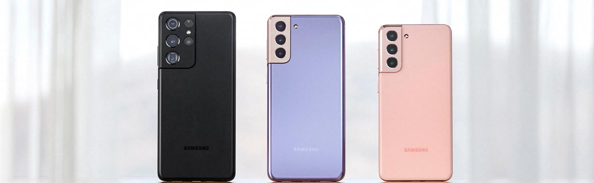 Samsung Galaxy S1, S21+ and S21 Ultra phones lined up