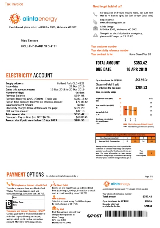 alinta bill front page