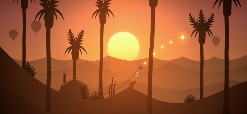 A screenshot of Alto's Odyssey, a game where you sandboard from one side of the map to the other