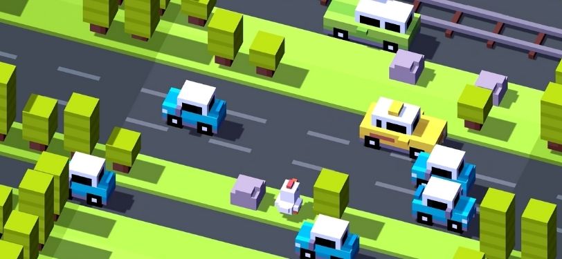 A screenshot of Crossy Road, where you need to cross to the other side of the map playing as a chicken