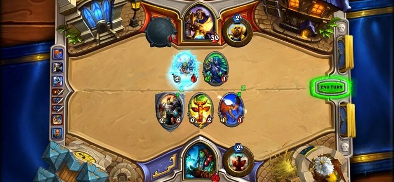 A screenshot of Hearthstone, an online card game where you defeat your opponent using mystical creatures, warriors and spells