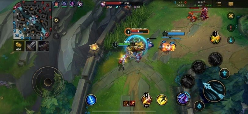 A screenshot from League of Legends: Wild Rift, where two teams of five players fight for dominance on a map