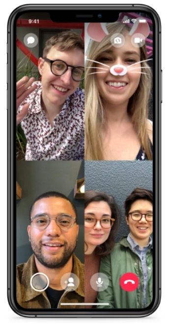 Four instances of a Facebook Messenger video call, displaying four screens.