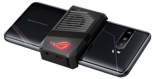 The ROG Phone 3 with its detachable fan attached