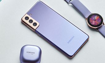 Samsung Galaxy S21 phones and accessories in violet